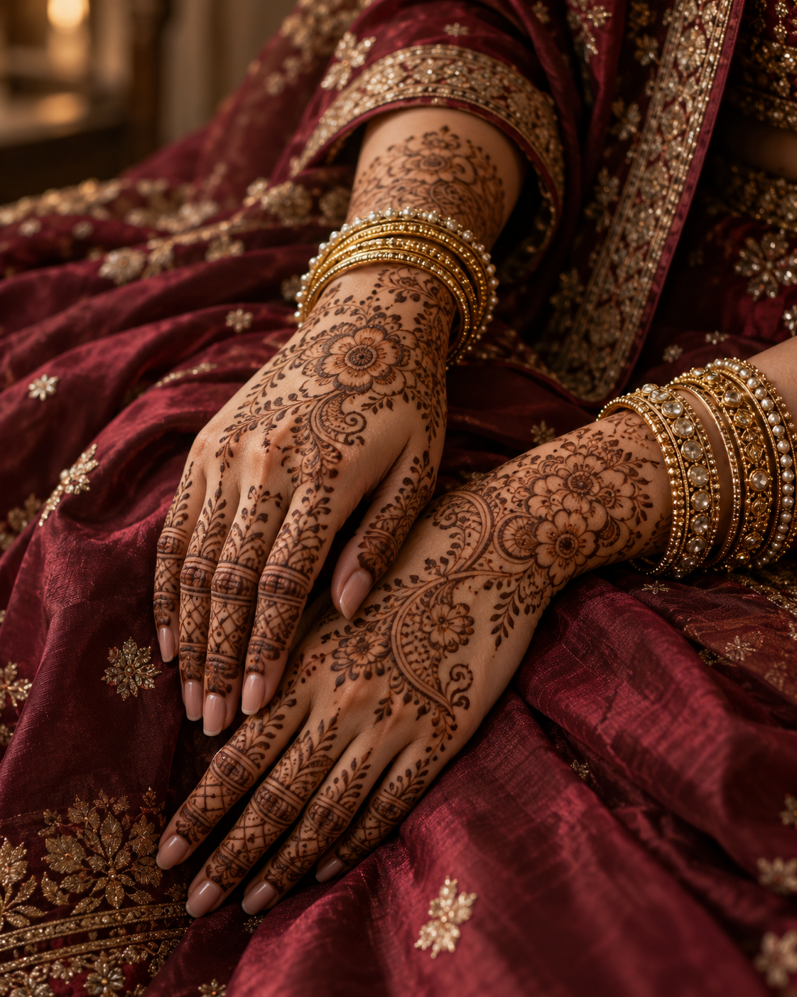 Editorial close-up of bridal hands decorated with intricate mehendi and gold bangles